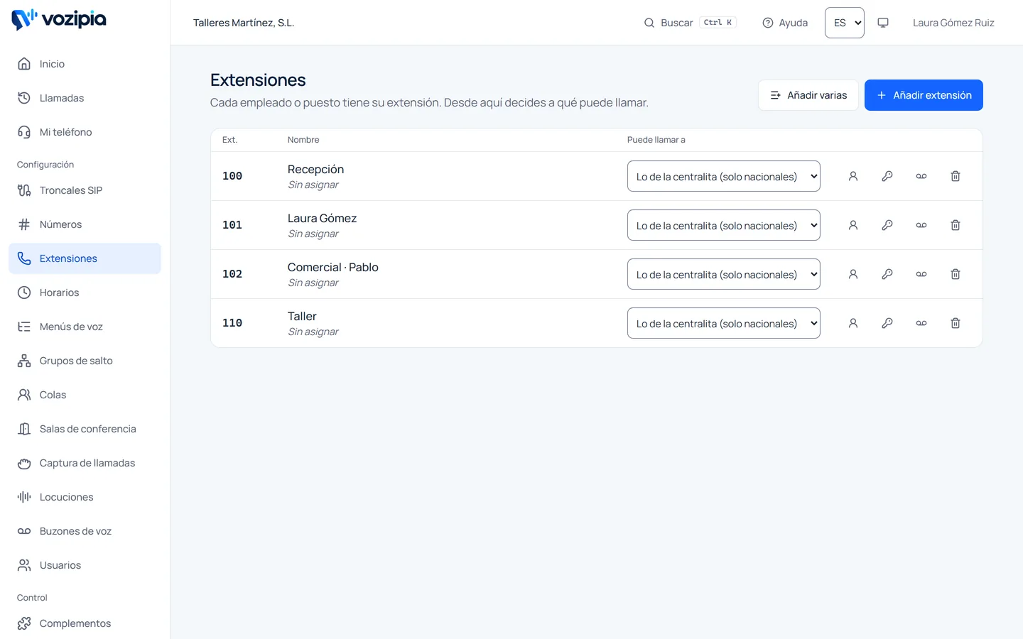 Lista de extensiones con sus permisos de llamada